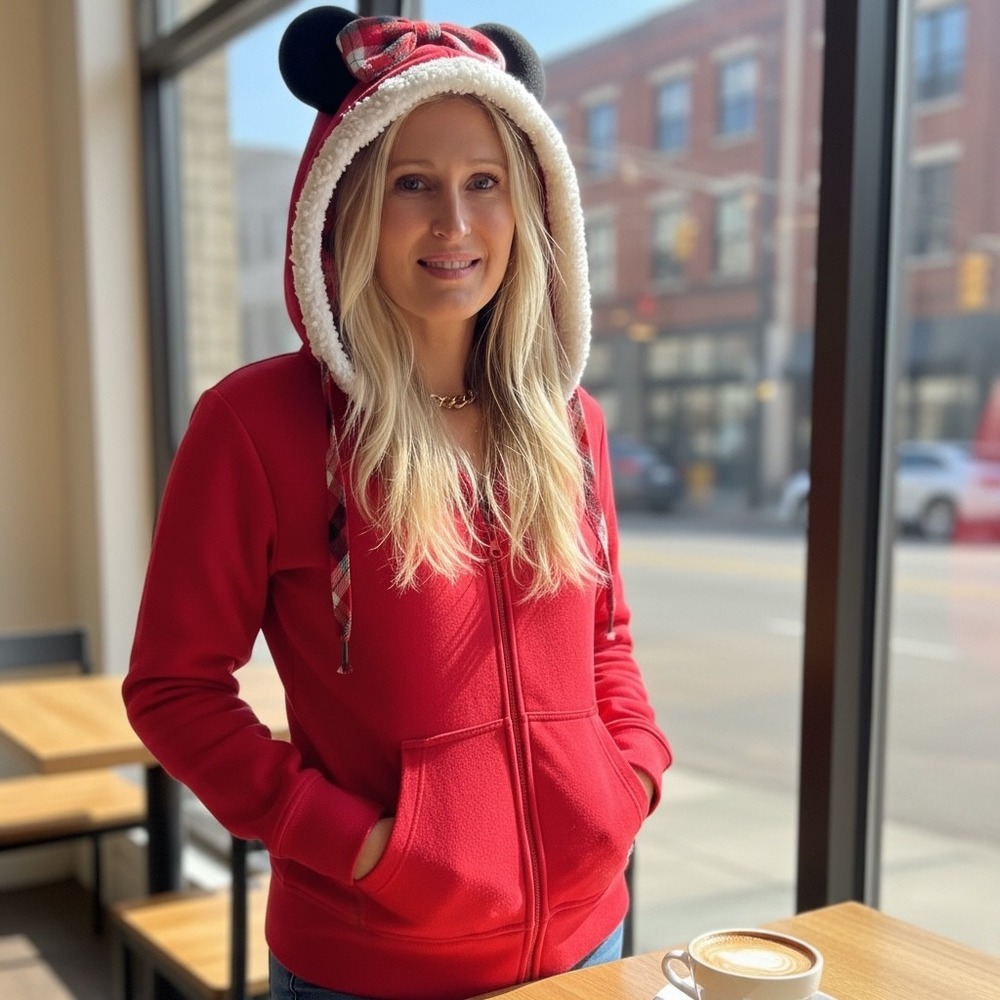 Disney Parks Minnie Mouse Holiday Red Plaid Ear Hoodie Zip‎ Sweatshirt Womens S